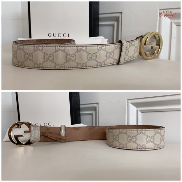 Authentic Gucci Cream Guccissima Leather Gold Interlocking G Buckle Belt 85/34 - Picture 10 of 12